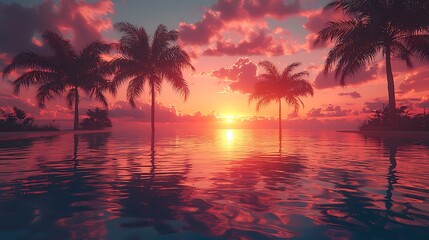 A tranquil sunset over calm waters, with silhouetted palm trees framing the scene, showcasing vibrant hues of orange, pink, and purple.