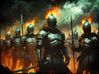 Naklejka premium Ritter in voller Rüstung stehen entschlossen vor einem feurigen Hintergrund während einer dramatischen Schlacht