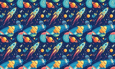 Naklejka premium seamless pattern of Joyful cartoon rockets exploring vibrant cosmos blue and orange playful adventure 