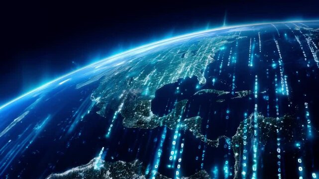 View of planet Earth wrapped in binary code digital information flows. Concept of technological revolution and global electronic commerce.