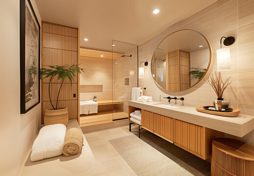 Spa-inspired bathroom with a round mirror, wooden vanity, and warm lighting. Minimalist and luxurious design featuring natural elements and a relaxing sauna for a tranquil retreat