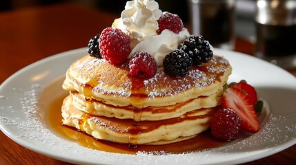 fruits and creamy pancakes