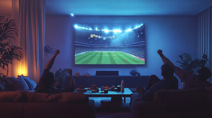 Friends Watch Soccer Game on Big Screen TV at Night