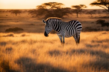 A zebra grazes peacefully on the grassy savannah, with the golden light of sunset casting long shadows across the plains.
