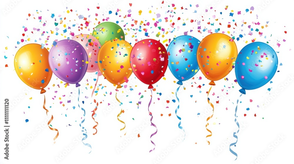 Poster Vibrant balloons in various colors are scattered with confetti, offering a joyful setting for party invitations or event announcements. Generative AI