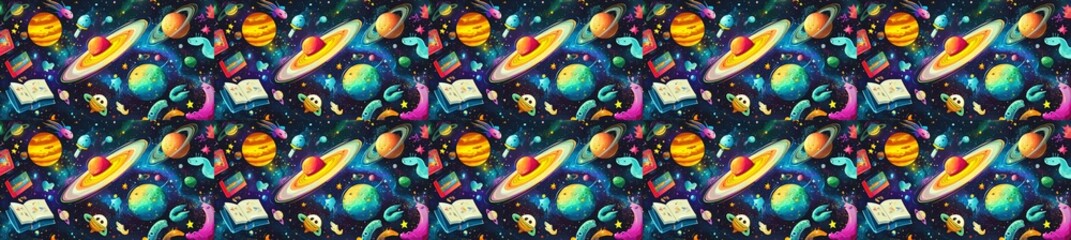 seamless pattern of Vibrant cosmic illustration orange yellow planets books stars whimsical style joyful wonder space exploration 