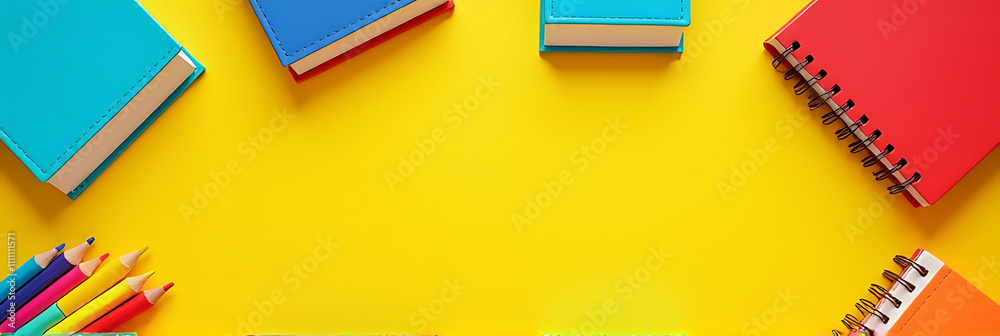 Poster colorful school supplies are displayed in a flat lay with a variety of items on a bright yellow back