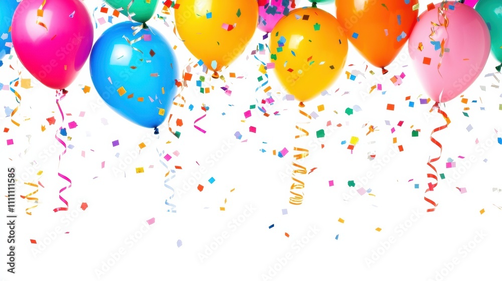 Poster bright balloons and confetti create a festive atmosphere, perfect for celebrations, with ample blank