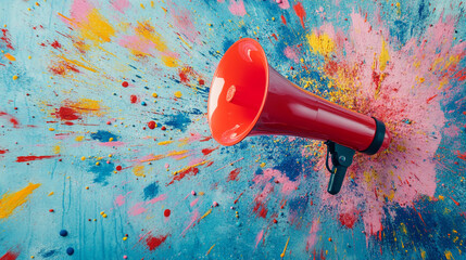 Red Megaphone Announcement  Colorful Paint Explosion  Marketing  Promotion