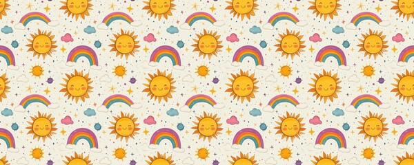 Obraz premium seamless pattern of Happy sunshine rainbows kids pattern yellow orange pastel joyful summer 