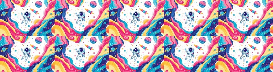 Fototapeta premium seamless pattern of Astronaut,rocket,planets pink blue whimsical space exploration childlike joy 