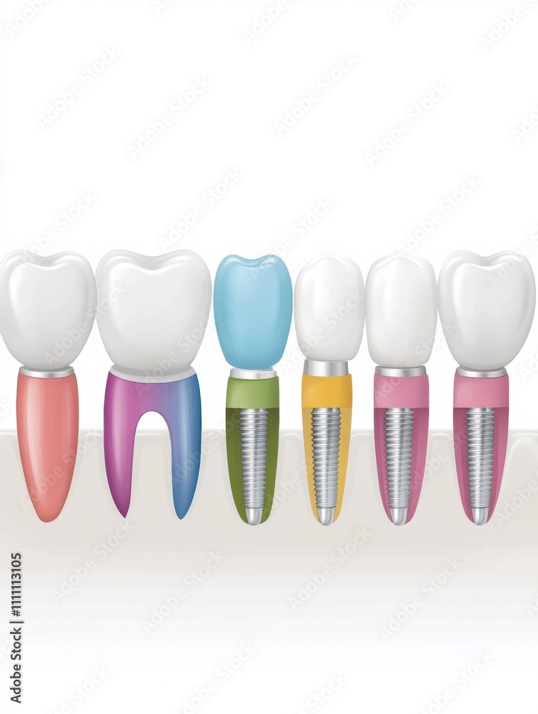 Poster schematic illustrates a row of healthy teeth with colored dental implants, designed for educational 