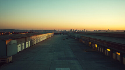 Fototapeta premium Sunset over Industrial Park Warehouses City Skyline Dusk