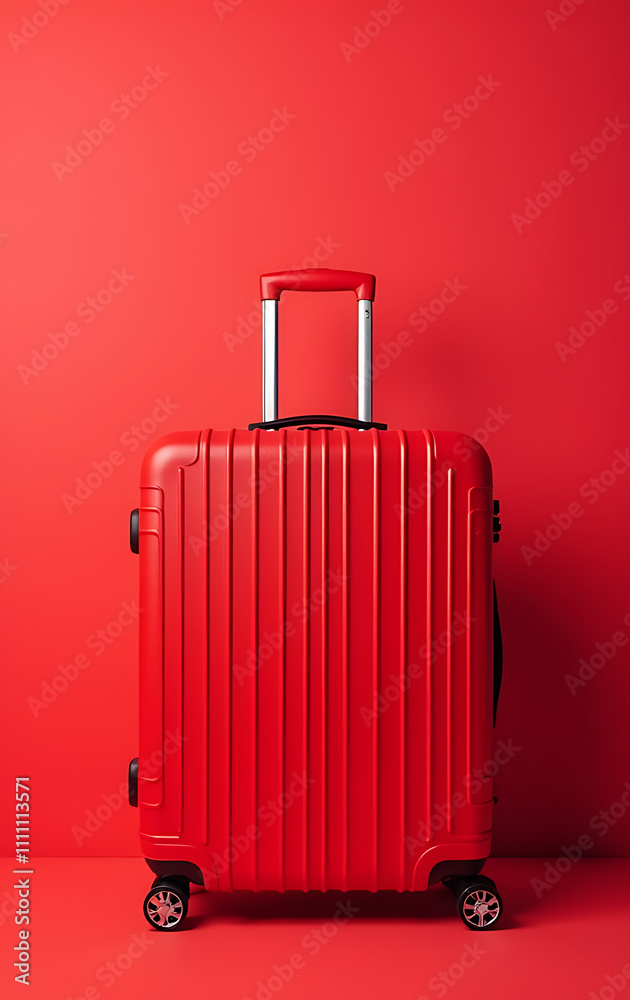 Poster A trendy red suitcase sits atop a vibrant red background, perfect for showcasing promotional content with ample space for text overlay._00001_