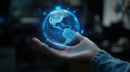Fototapeta premium Global Network Connection Hand Holding Holographic Earth