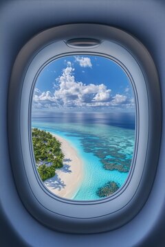 Fototapeta Tropical island paradise seen through airplane window during flight