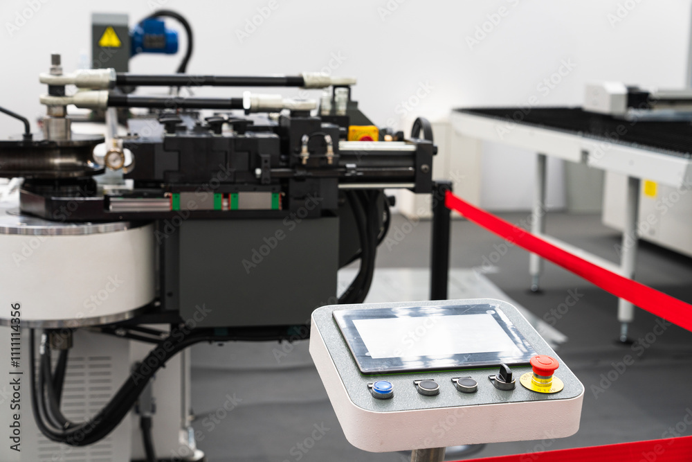 Aufkleber CNC mashine. Motorized maneuverable tool is controlled by a computer. Smart factory