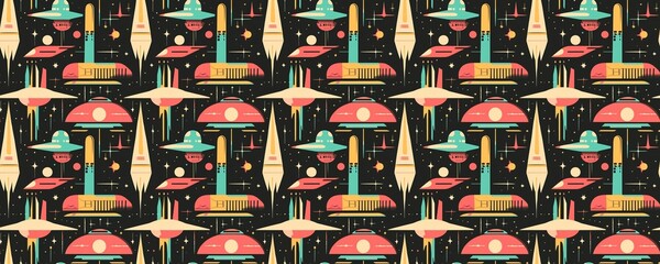seamless pattern of Retro futuristic spaceship pattern coral teal mid century modern space travel 