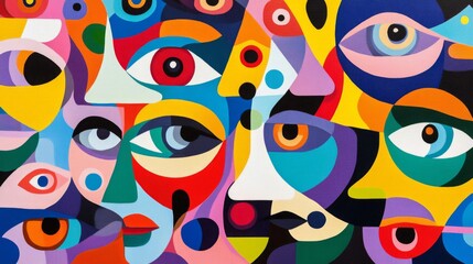 Abstract Portrait with Multiple Eyes and Geometric Shapes