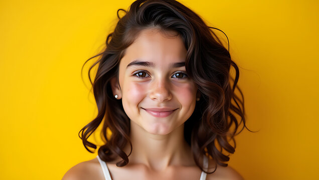 A portrait of an attractive Latina teenager with freckles showcases her curly hair against a vibrant yellow backdrop, highlighting her youthful charm._00001_