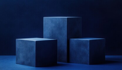 Three blue cubes on a dark blue background, product display.