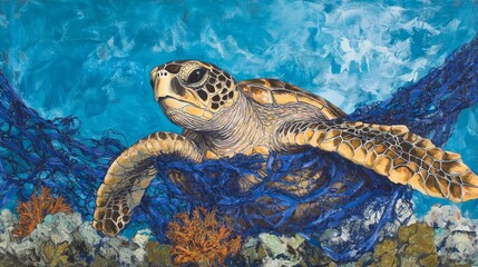 Fototapeta premium Entangled A Sea Turtle Caught in a Blue Net, Ocean, Wildlife, Endangered Species