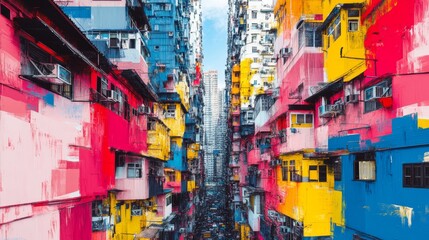 Naklejka premium Abstract Urban Landscape Vibrant Buildings in Hong Kong, urban, cityscape