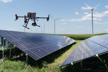 Industrial drone inspects solar panels