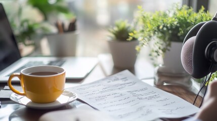 A cozy workspace featuring a cup of coffee, plants, and notes for productivity.