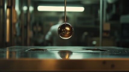 A metallic sphere hovers above a surface, suggesting a scientific or experimental setting.