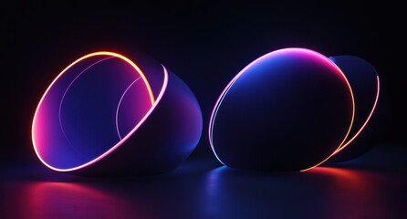 Obraz premium Two dark, abstract, glowing orbs with neon light accents on a reflective surface.