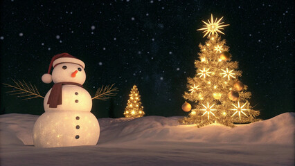 Obraz premium Winter Scene with Snowman, Santa hat, Christmas Tree, Golden snow flakes and Golden Decorations on Winter Snow