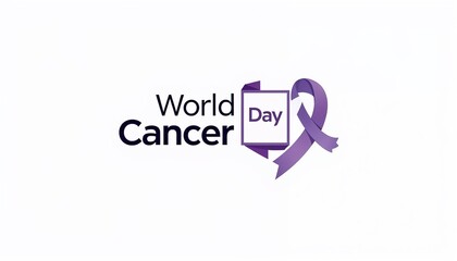 World Cancer Day logo with purple ribbon, awareness campaign design, clean layout, copy space