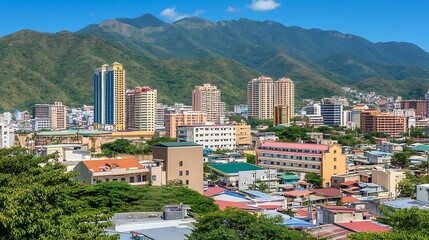 Obraz premium An Aerial View of a Cityscape with Buildings and a Mountain Range in the Background