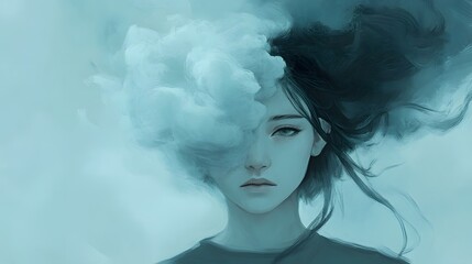 Fototapeta premium Ethereal portrait of a young woman with flowing hair surrounded by wispy clouds in a serene color palette