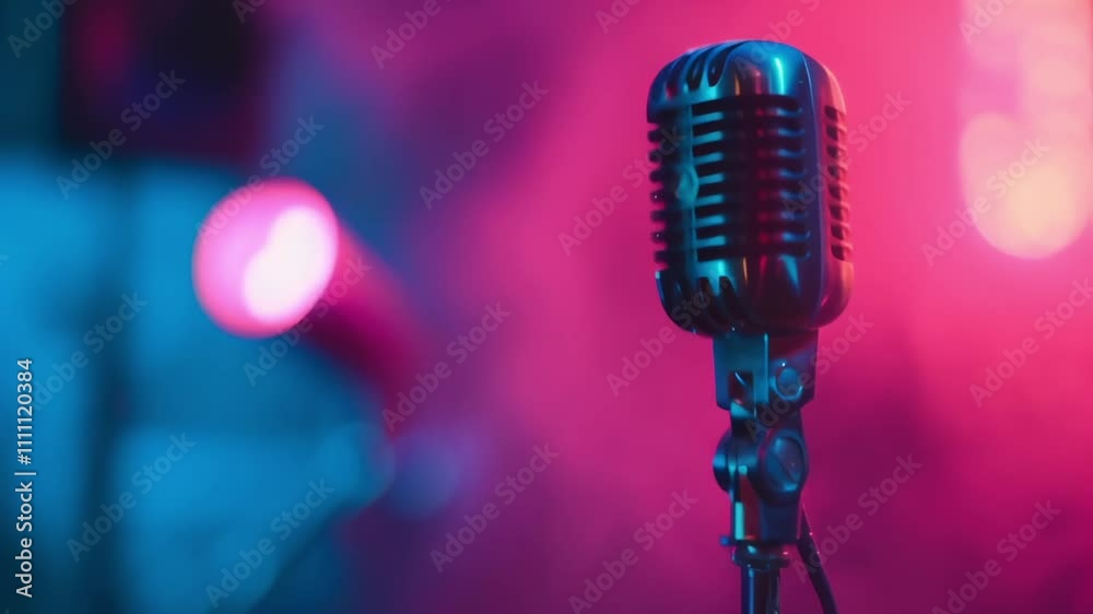 Aufkleber Close up of a vintage microphone on a stage illuminated by vibrant pink and blue bokeh lights, creating a captivating atmosphere for a live performance or music event