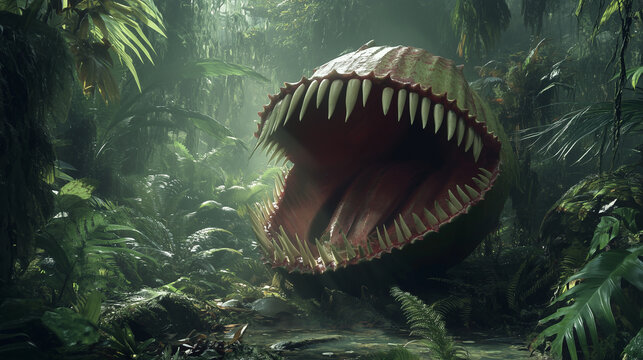 A surreal depiction of a giant Venus flytrap in a jungle, its jaws large enough to engulf a small mammal