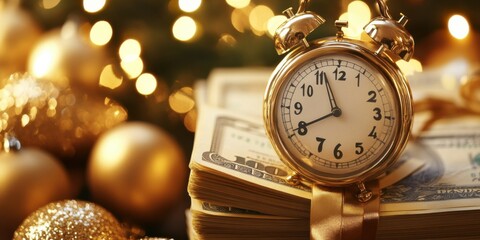 A stack of bills with a gold ribbon, resting beside a golden clock counting down to the new year. The scene evokes prosperity and excitement, with festive touches completing the look.