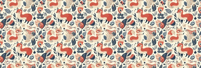 seamless pattern of Autumnal fox pattern red beige Scandinavian folk art design whimsical nature illustration 