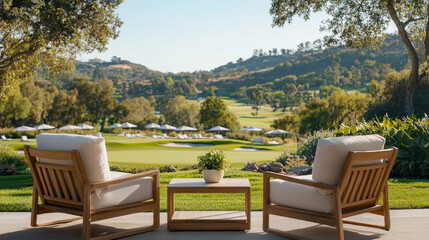Fototapeta premium Serene Outdoor Patio Relaxing Chairs Golf Course View