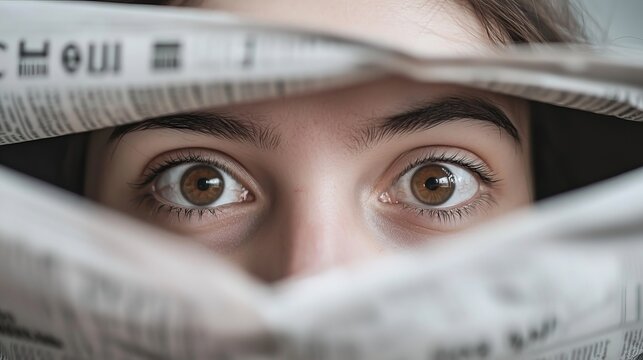 A young woman peers through crumpled newspaper, her intense gaze revealing curiosity and intrigue.