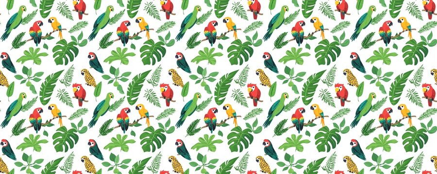 seamless pattern of Vibrant parrots green red tropical leaves summer joyful nature illustration 