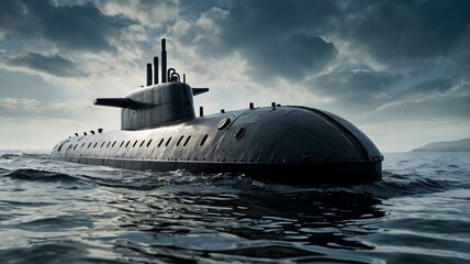 A submarine glides through the ocean beneath a cloudy sky, showcasing the vastness of the underwater world.