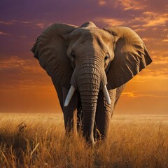 Obraz premium Elephant in the savannah, bright orange sunset