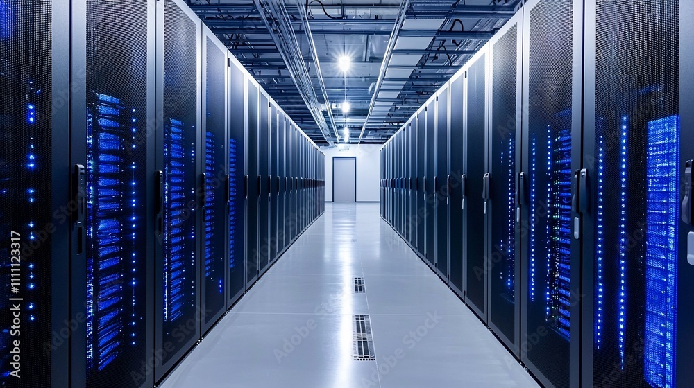 Poster modern server room with rows of black server racks, illuminated with blue lights. empty hallway lead