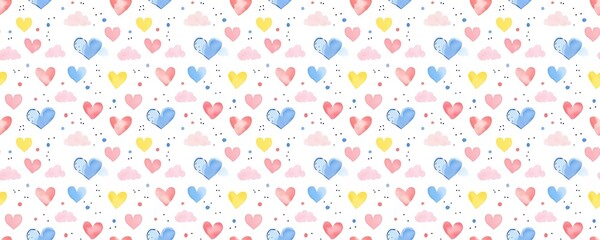 seamless pattern of Watercolor hearts clouds pattern pink blue yellow romantic love Valentine's Day 