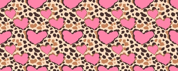 Fototapeta premium seamless pattern of Pink hearts leopard print beige brown Valentines Day romantic pattern design 