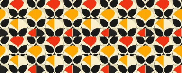 seamless pattern of Abstract mid century modern geometric pattern  black, orange, red  bold shapes, vibrant energy, playful mood  ideal for textile design 