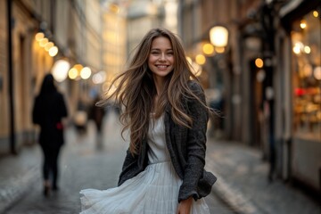 Fototapeta premium Porträt einer jungen Frau auf einer belebten Straße bei Abendbeleuchtung, Portrait of a young woman on a busy street in the evening light 