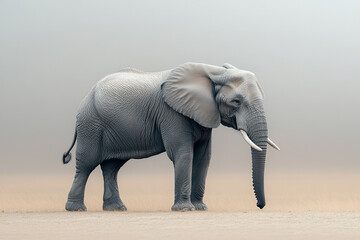 Obraz premium Solitary African Elephant Walking In Misty Landscape